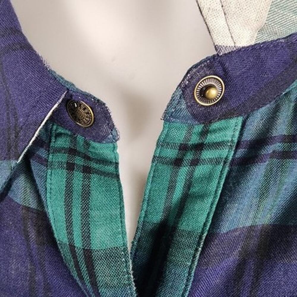 Joan Rivers Womens Cotton Plaid Reversible Boyfriend Shirt 2X Navy Emerald Snap - Picture 4 of 14